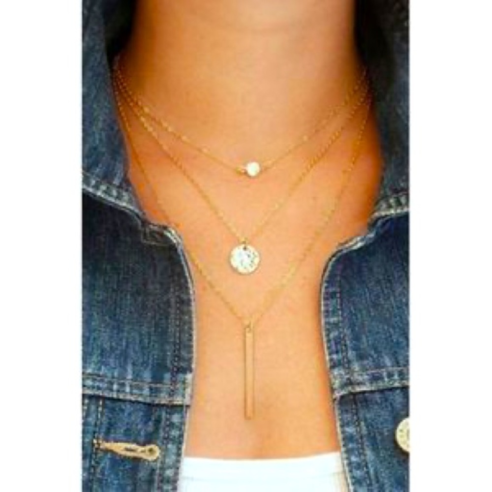 New Gold Tone Three Strand Circle Bar Chain Necklace